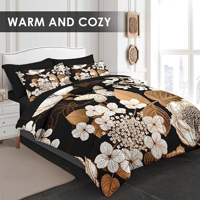 Comforter Set King Size, Hydrangea Butterfly Flower 7 Pcs Bedding for Kids and Adults, Black Gold Bed Sheet Sets with Fitted Sheet 2 Pillowcase & 2 Sham for Bedroom Bed Decor