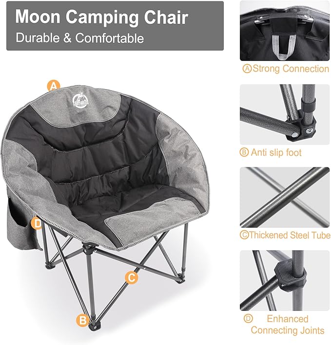 Northroad Folding Compact Camping Moon Chair, Outdoor Padded Saucer Round Chair w/Cup Holder Supports up to 300 lbs for Beach Hiking Fishing Picnic Lawn,Black