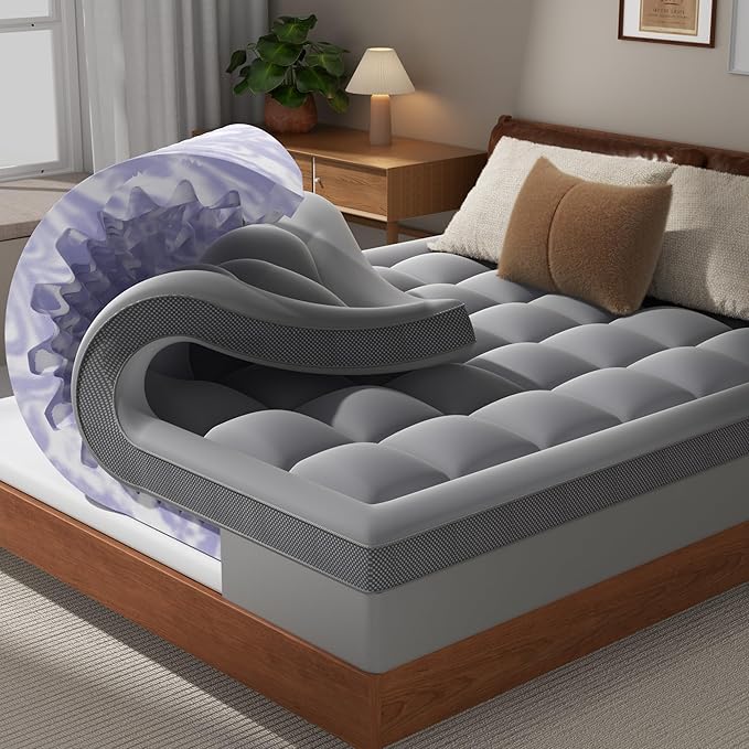 Dual Layer 4 Inch Memory Foam Mattress Topper Queen - 2 Inch Gel Memory Foam and 2 Inch Pillow Top Mattress Pad, 7-Zone Egg Crate Queen Size Mattress Topper (Grey)