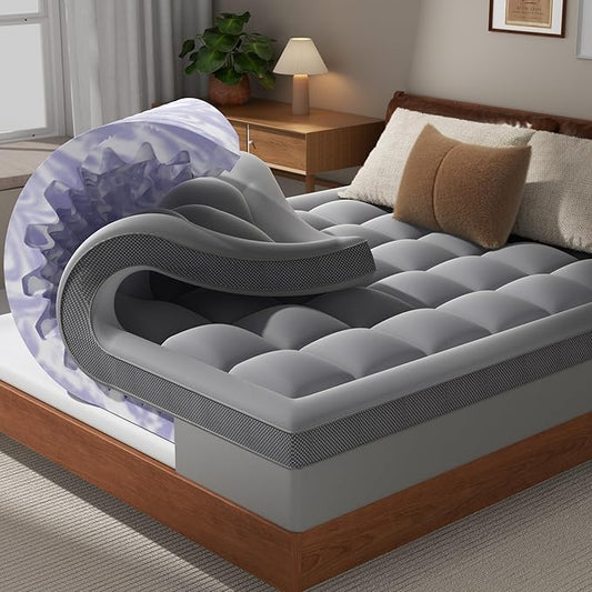 Dual Layer 4 Inch Memory Foam Mattress Topper Full - 2 Inch Gel Memory Foam and 2 Inch Pillow Top Mattress Pad, 7-Zone Egg Crate Full Size Mattress Topper (Grey)