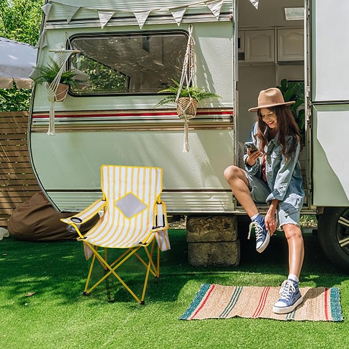 Nazhura 4 Pack Folding Camping Chair with Cooler Pouch, Mesh Backrest and Cup Holder Pocket (Yellow, 4 Pack)