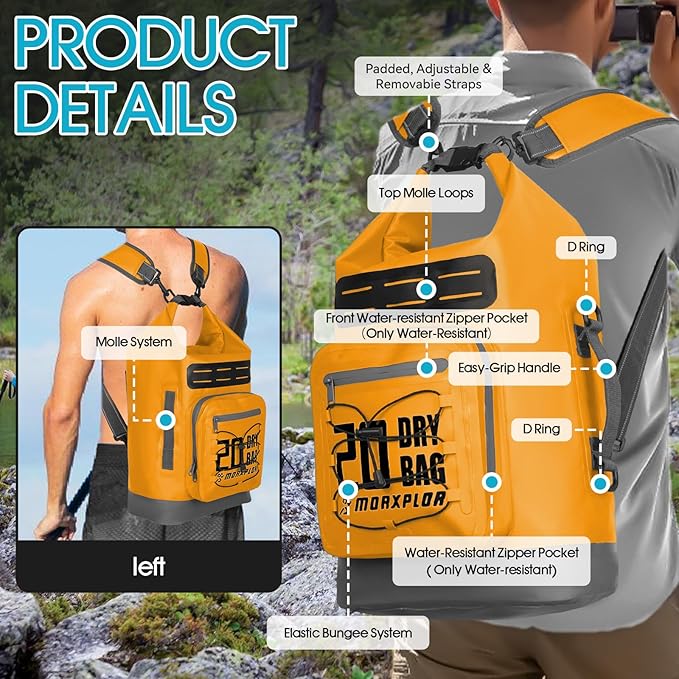 Dry Bag Waterproof,5L/10L/20L/30L Roll Top Dry Bag Backpack with WaterProof Phone Case for Swim,Kayak(Orange 10L)