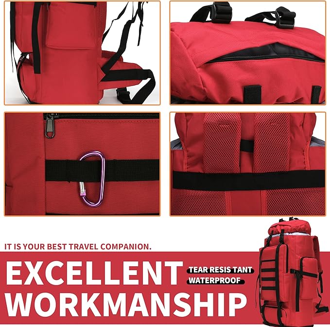 100L Hiking Camping Backpack MOLLE Rucksack Waterproof Daypack (Red)