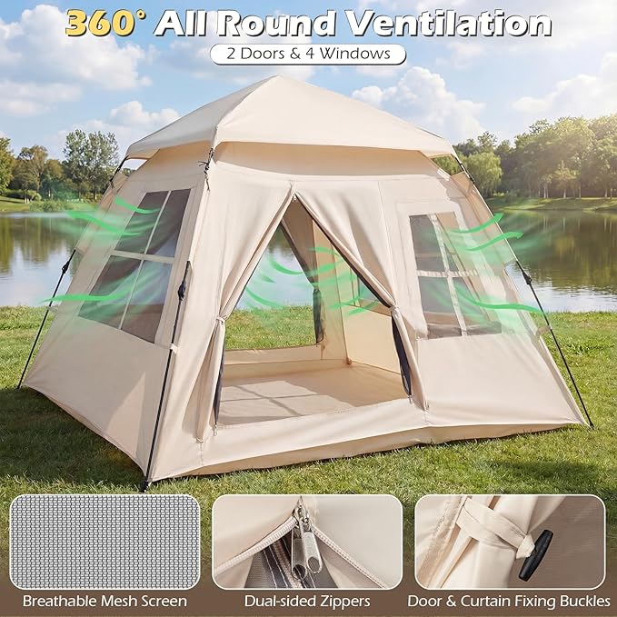 Goplus 4 Person Camping Tent, Portable Automatic Easy Setup Cabin Tent with Rainfly, Mesh Windows, 2 Doors & Carrying Bag, Lightweight Outdoor Sun Shelter for Hiking Traveling Picnic