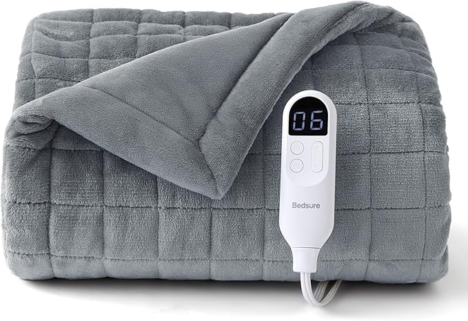 Bedsure Heated Blanket Throw Blanket - Quilted Electric Blanket, Soft Flannel Thick Heating Blanket with 4 Time Settings & 6 Heating Settings, Warm Gifts for Women Men (50x60 inches, Formal Gray)