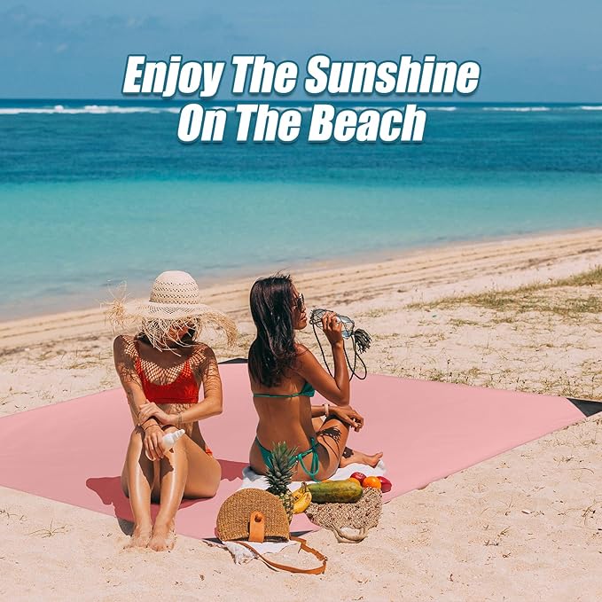 Odoland Pocket Blanket Picnic Blanket, 71" x 63" SandProof Waterproof Outdoor Beach Blanket with Portable Bag, Foldable Lightweight Sand Free Quick Drying Beach Mat for Hiking Camping Travel, Pink