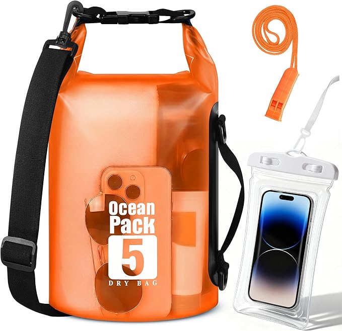 Dry Bag Waterproof for Men Women, 5L Lightweight Roll Top Dry Sack with Waterproof Phone Case and Emergency Whistle, for Kayaking Swimming Boating Paddle Board Fishing Beach Hiking Camping