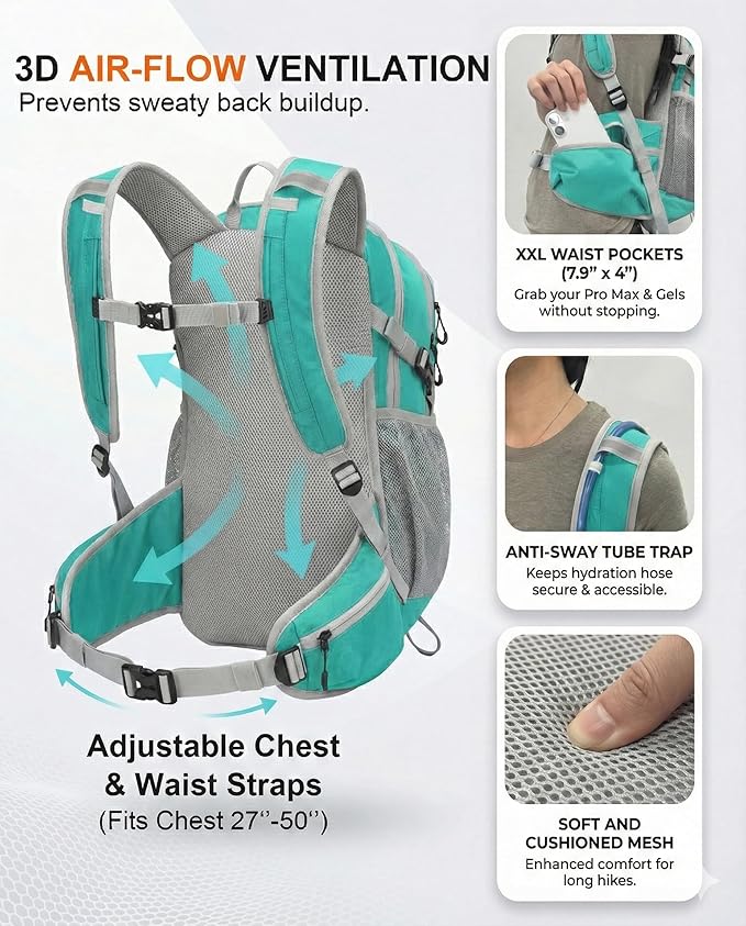 Hydration Backpack with 2L Bladder – Thermal Insulated Water Pack for Hiking, Skiing, Running – Lightweight Daypack for Men & Women, Soft-Lined Sunglasses Pocket & Large Waist Pockets