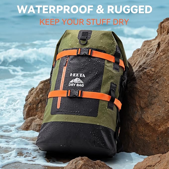 HEETA Dry Bags Waterproof Backpack 40L for Men & Women, Roll Top Heavy Duty Cushioned Hiking Backpack for Kayaking Boating Paddle Boarding Fishing Travel Camping Beach Vacation Cruise Ship Essentials