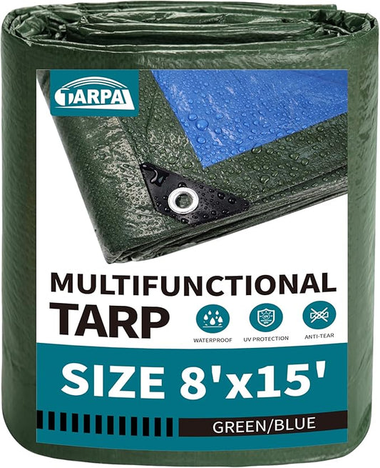 TARPAL 8x15 Feet Green Tarp Waterproof Lightweight tarps Multipurpose Protective Cover All Purpose Poly Tarps Cover for Firewood Outdoor Furniture etc