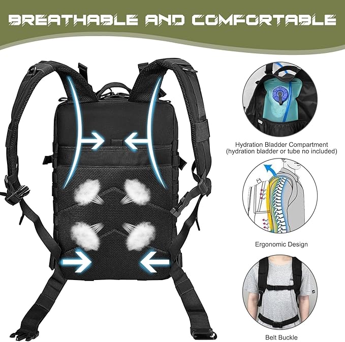WOLT Military Tactical Backpack for Men 45L Molle Backpack 3 Day Assault Pack Bug Out Bag, Heavy Duty Rucksack for Hiking Gym(Black)