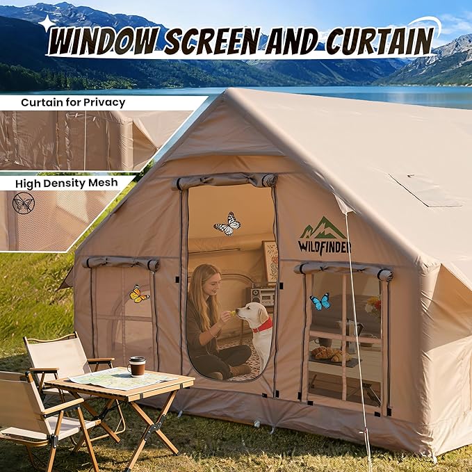 Inflatable Tent with Skylight, Quick Setup Blow Up Tents with Pump, Hot Tent with Stove Jack, Waterproof Oxford Inflatable House for Camping, Air Glamping Tents for Camping Adult 4-6 Person