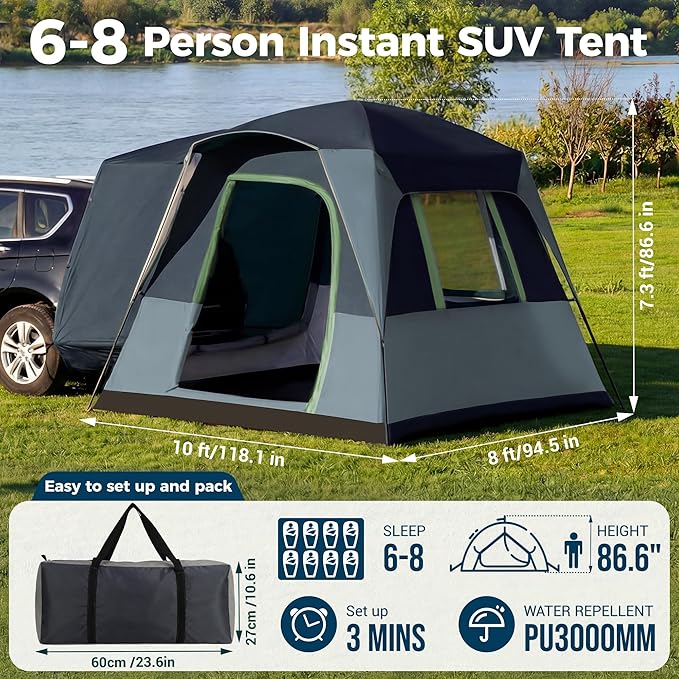 5/6 Person SUV Tent for Camping, SUV Tailgate Tent,Truck Car Tent Weather Resistant Portable for Car SUV Van Camping, Includes Rainfly and Storage Bag, 10' W X 8' L X 7.1' H