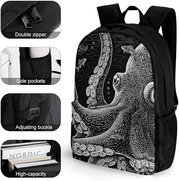 Supdreamc Lightweight Daypack Backpack for Sports Travel Running, Large Capacity Multipurpose Anti-Theft Bookbag, Giant Squid Octopus Art Laptop Backpack Daypack