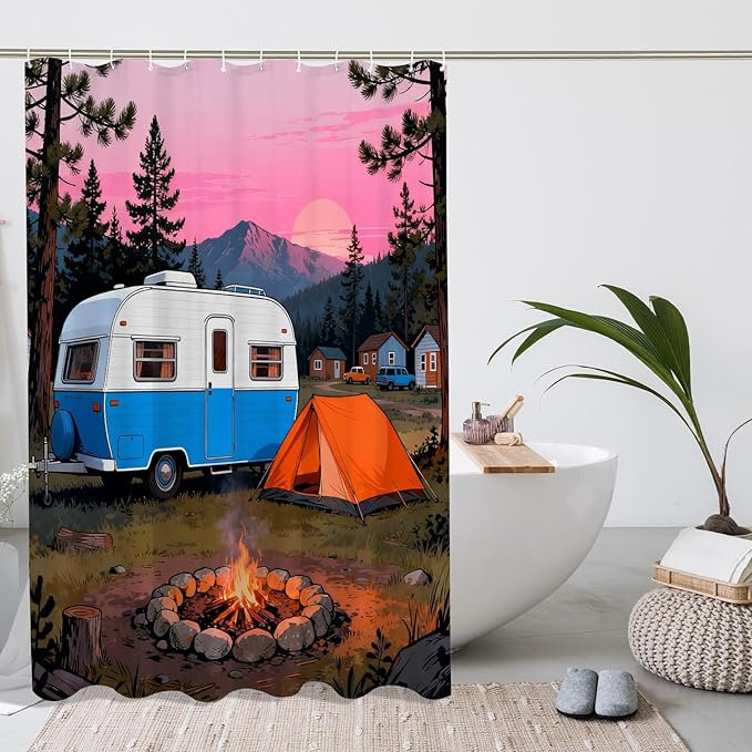 Camping Shower Curtain, Outdoor Adventure Tent Campfire Summer Blue Waterproof Fabric Bathtub Cloth Curtains for Home Bathroom Toile Hotel Decor 54x78 Inch