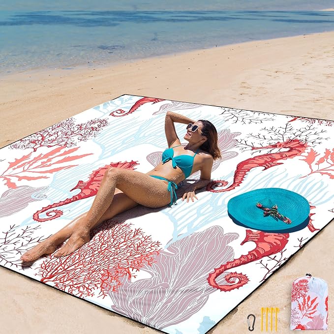 Beach Blanket, Sandproof Beach Mat, Waterproof Quick Drying Lightweight Outdoor Aztec Picnic Mat 79" X 83"/120"x108" for 2-8 Adults for Travel, Camping, Hiking