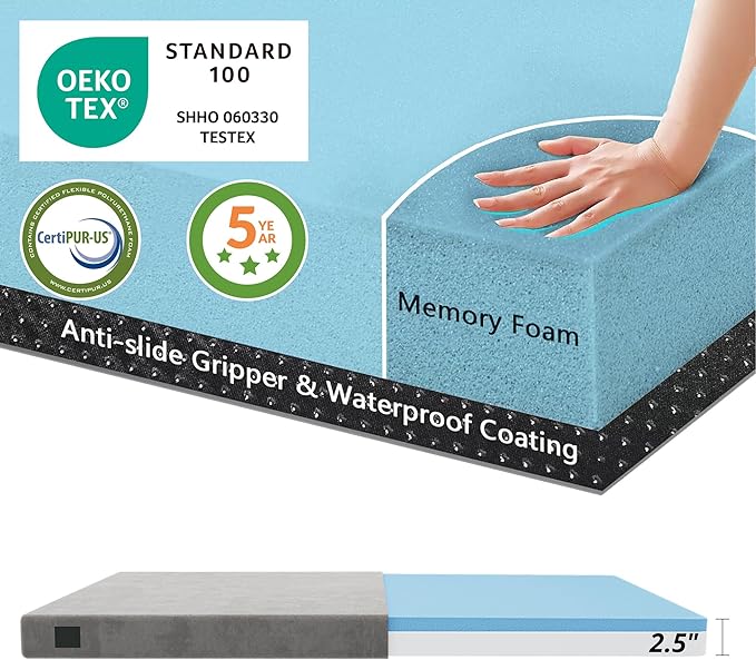 EGOHOME Memory Foam Camping Mattress 2.5 inch, Portable Roll Up Camping Sleep Topper with Waterproof and Non-Slip Bottom, Camping Car Mat with Travel Bag, Grey