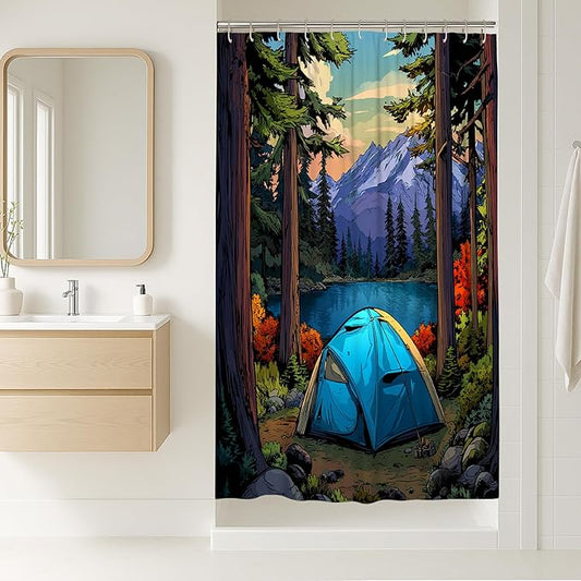 Mountain Lake Shower Curtain, Vibrant Blue Camping Tent Nature Scene Bathroom Decor, Outdoor Spring Summer Wilderness Art Waterproof Fabric Curtain with Hooks 36x72 Inch