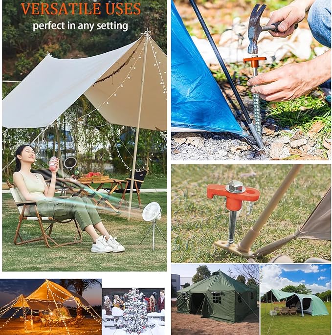 10-Pack 8" Heavy Duty Screw in Tent Stakes, Drill-in Non-Rust Ground Anchor Pegs, Metal Tent Accessories for Camping, Garden, Hiking, Orange