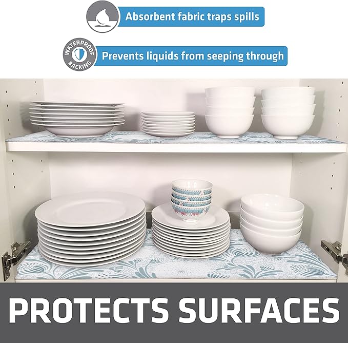 Drymate Premium Luxury Shelf & Drawer Liner, Thick Cushioned Fabric, Non-Adhesive, Absorbent, Waterproof, Slip-Resistant, Liners for Kitchen Cabinets (USA Made)(12”x59”)(24-Pack)(Light Blue)