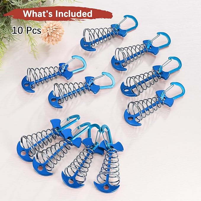 Fishbone Deck Anchor Pegs with Buckles [10PCS] - Aluminium Tent Stakes with Spring Buckle Use for Camping & Hiking - [Blue] Windproof Tie Down Tent Stakes