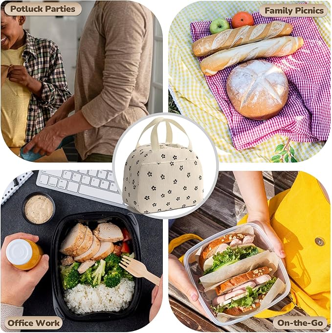 Lunch Bag for Women Men Cute Corduroy Lunch Tote Bags Reusable Insulated Lunch Box Large Capacity Reusable Insulated Cooler for Work/Picnic/Travel