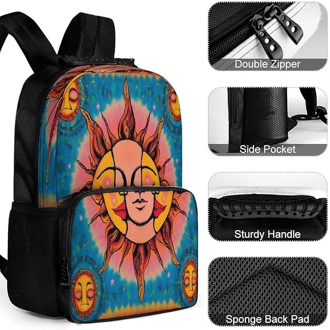 Polyester Daypack for Camping Travel Walking Cycling, Big Capacity Anti-Theft Multipurpose Bookbag, Sun And Moon Art Camping Outdoor Backpack