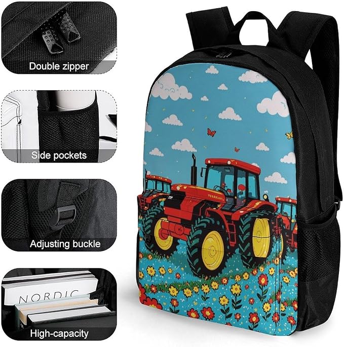 Daypack Backpack Anti-Theft Multipurpose Large Capacity Carry On Bag, Farm Tractor Pattern Traveling Camping Backpack With Side Pockets