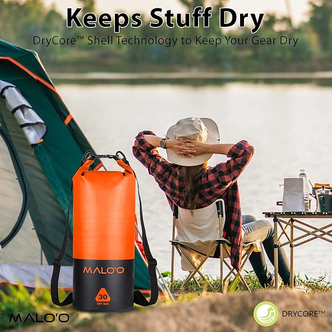 Malo’o DryPack 30L Waterproof Kayak Dry Bag, Heavy Duty Roll-Top Dry Bag with MOLLE Grid and Carry Straps for Fishing, Paddle Boarding, Boating, Camping, and Travel, Orange