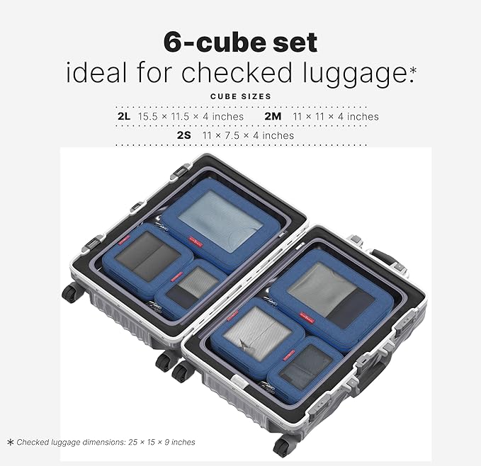 LeanTravel Premium Compression Packing Cubes for Travel - Luggage Organizers with Double Zipper - Sturdy Bags for Suitcase (6-Pack, Navy Blue)