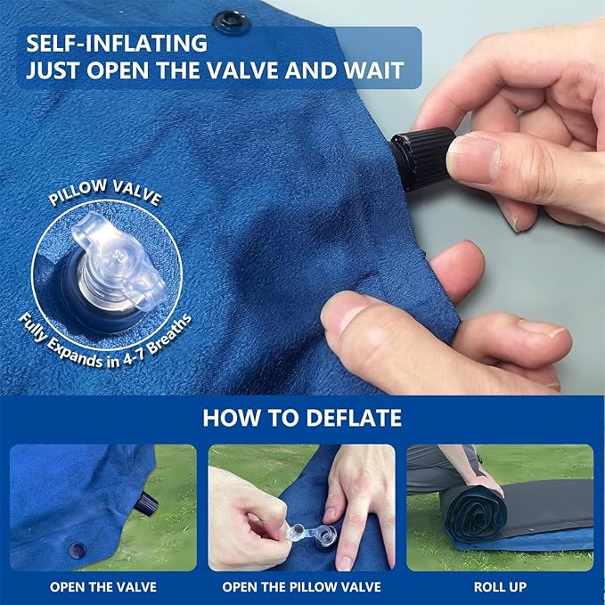 Double Camping Sleeping Pad with Pillow, 2" Memory Foam Camping Mattress 2 Person, 5R Insulated Self Inflating Camping Pad, Air Mattress Inflatable Sleeping Mat for Tent, Backpacking, Hiking (Blue)
