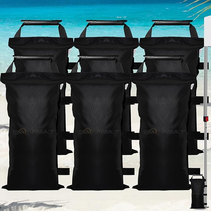 6 Pack (NO Sand) SANWAY 220 LBS Sand Bags for Canopy Weights(Unfilled)-Portable and Durable to Secure Tents, Canopies, and Umbrellas at Outdoor Events (Black, 180 LBS)