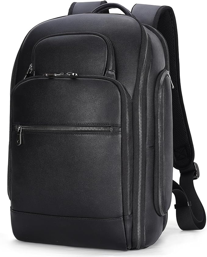 TIDING Men's Leather Laptop Backpack Fits 15.6 Inch Computer, TSA Approved & Water Resistant Work Daypack Business Travel Rucksack, Black