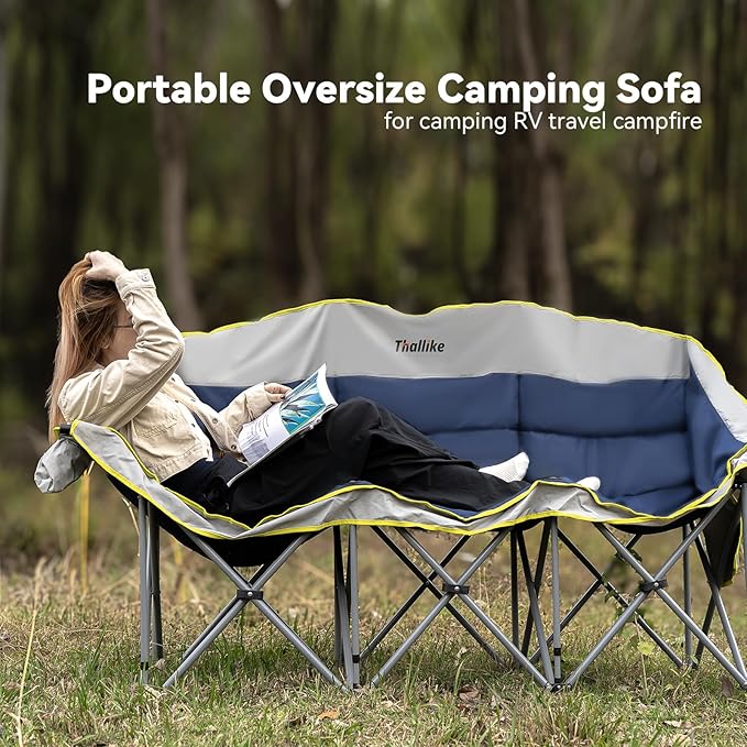 Double Camping Chair – 2-3 Person Outdoor Folding Sofa with Cup & Wine Glass Holders – Oversized Loveseat Camping Couch for Campfire, RV, Backyard – Supports Up to 660 lbs