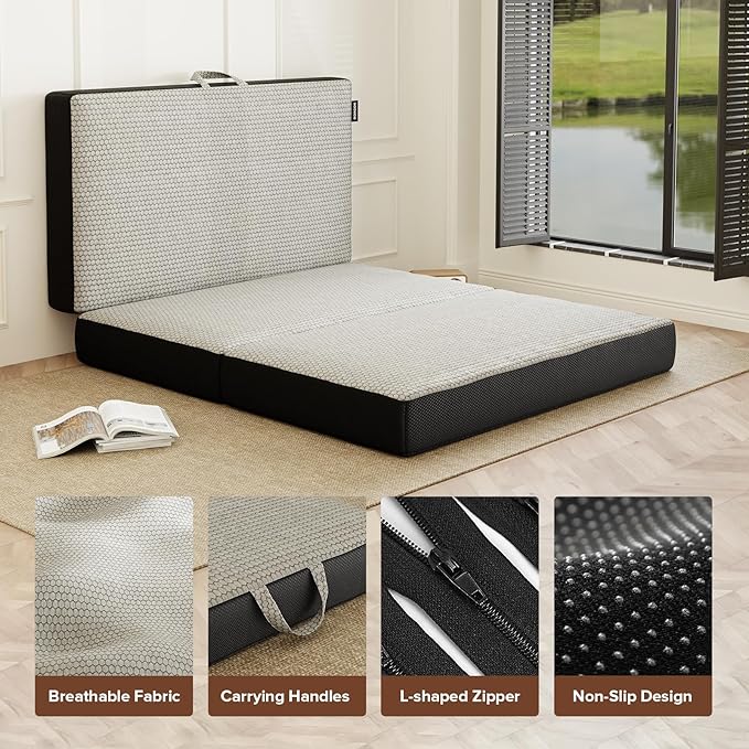 Memory Foam Trifold Mattress - King Portable Floor Bed 6 Inch, Foldable Mat with Washable Cover, Handle & Non-Slip Bottom, for RV, Travel, Camping, Yoga, 80"x76"x6"