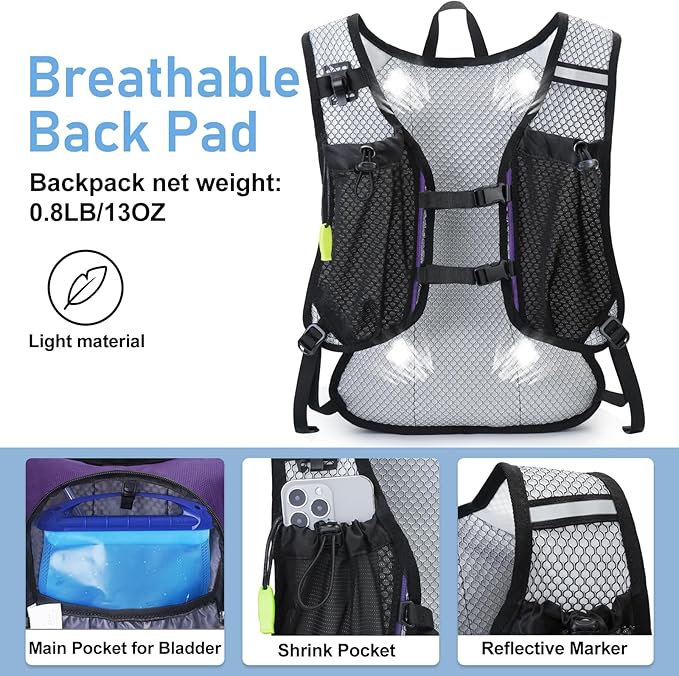 Lightweight Hydration Backpack, Running Backpack with 2L Water Bladder, Hydro Water Daypack for Cycling Hiking Rave for Men Women