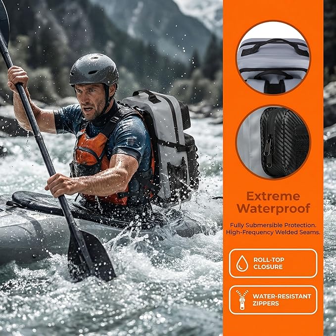 Dry Bag Waterproof Backpack 30L Tactical Backpack for Kayaking Hiking Boating Paddle Boarding Fishing Travel Camping Beach Floating Dry Bag for Men Women (Grey)