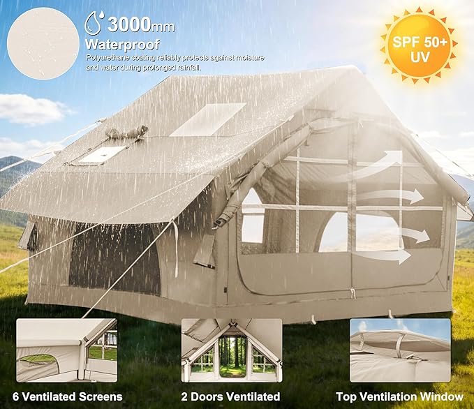Inflatable Tents for Camping with Stove Jack, 2/4/6/8 Person Easy Setup Blow Up Tents for 4 Seasons Waterproof Inflatable Camping Tent with Awning, Air House Glamping Tents for Camping Adult