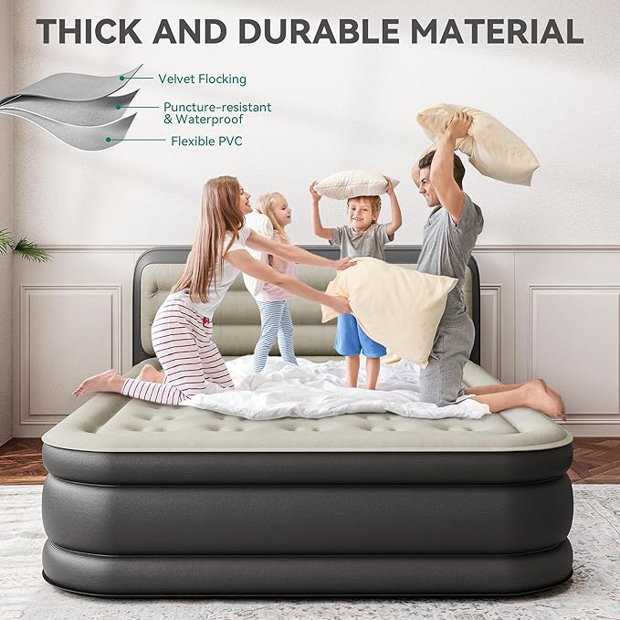 YITAHOME Queen Size Air Mattress with Pump and Banded Headboard, 18in Luxury Flocked Top Blow up Mattress, Durable Inflatable Mattress for Home & Guests, Black AirBed