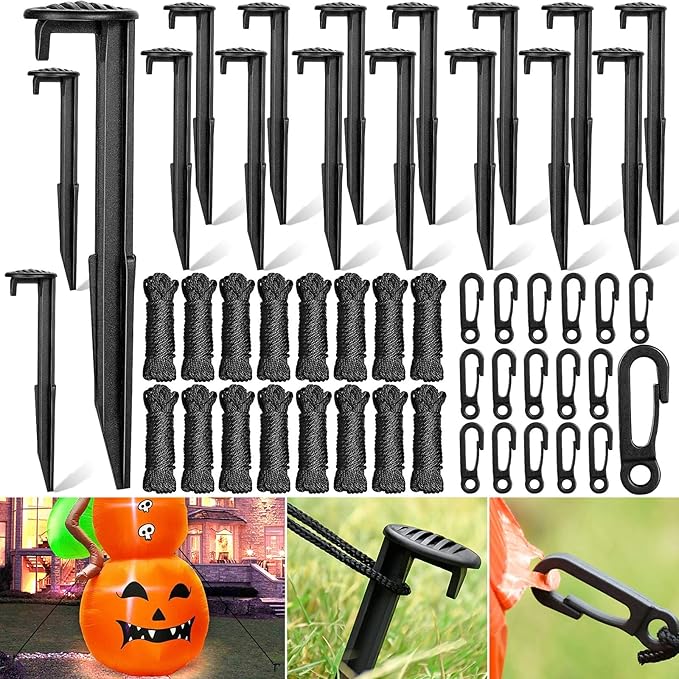 66 Pieces Inflatable Stakes and Tethers, Halloween Landscape Anchoring Stake Pack, Plastic Inflatable Spikes, Replacement Ground Stakes, Christmas Inflatable Decoration Accessories for Outdoor Garden
