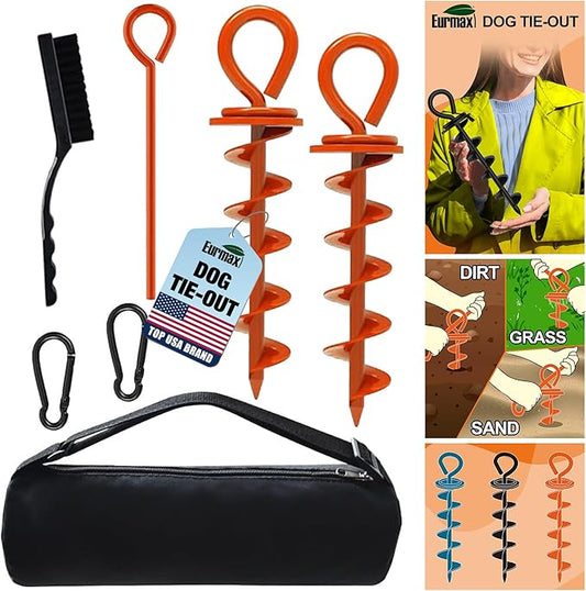 Eurmax USA Heavy Duty Dog Tie Out Stake for Large Dogs up to 210 lbs,Dog Stakes for Outside,Ground Anchor for Dog Leash,Runner Cable, and Pet Gadget Dog Accessories Trampoline Stakes 2-Pack (Orange)