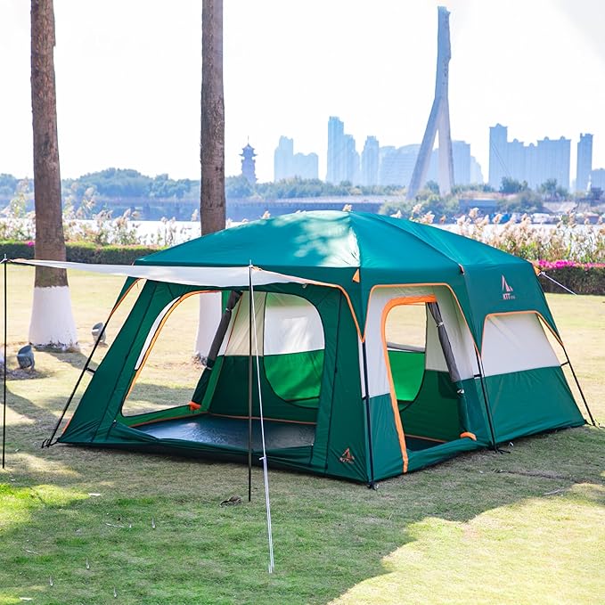 KTT Extra Large Tent 6-10-12-14 Person(Style-B),Family Cabin Tents,2 Rooms,3 Doors and 3 Windows with Mesh,Straight Wall,Waterproof,Double Layer,Big Tent for Outdoor,Picnic,Camping,Family Gathering