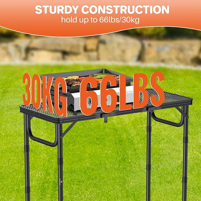 FUNYKICH 3ft Folding Grill Table for Outside 34.2''x15.7'', 3 Height Adjustable Portable Camping Tables, Lightweight Metal Aluminum Outdoor Table with Carry Handle for Camping, Picnic, BBQ, Black