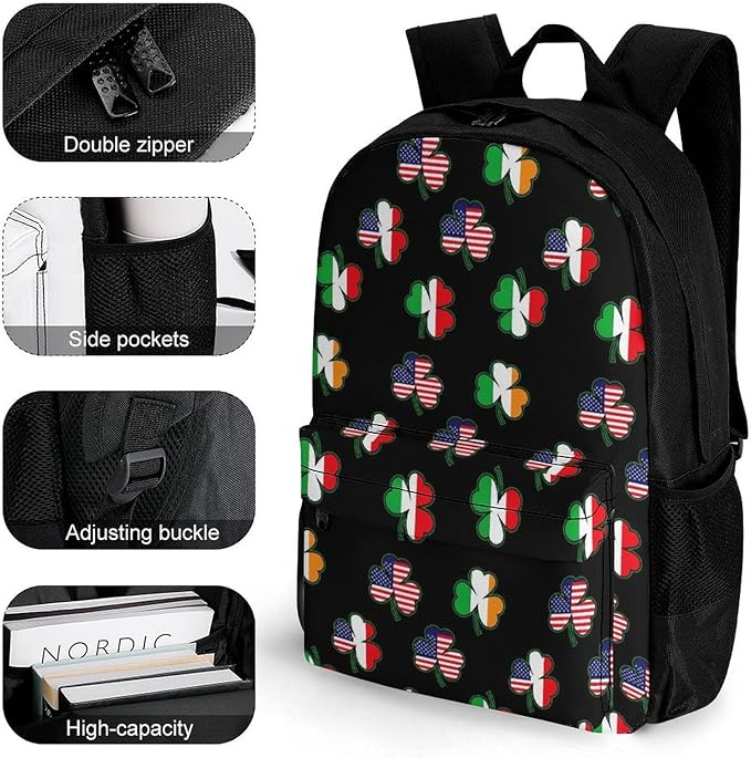 Rucksacks Lightweight Multipurpose Anti-Theft Italian Irish American Shamrock Shoulder Bag Big Capacity Traveling Camping Backpack With Side Pockets