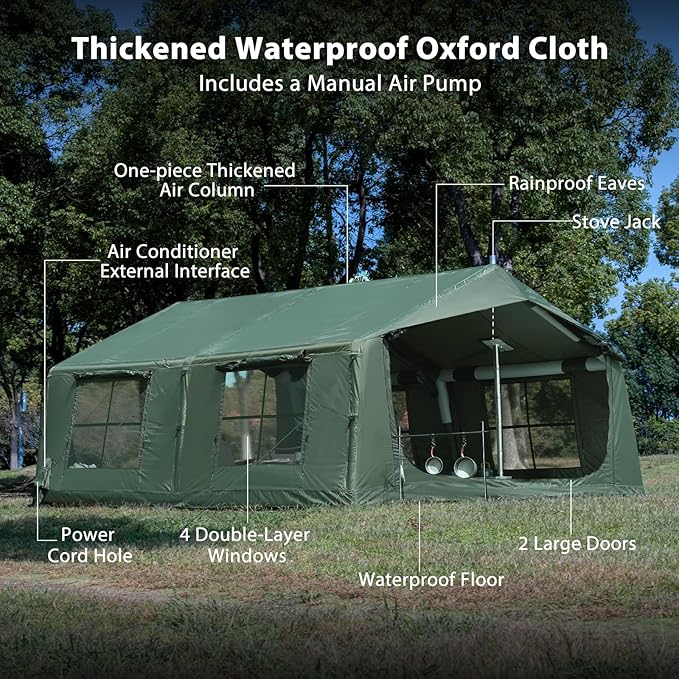 Inflatable Camping Tent with Hand Pump Waterproof Outdoor Blow up Tent 2-8 Person Oxford 4 Season Glamping Air Tent Cabin House with Mesh Windows & Door