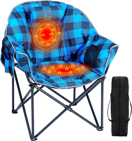 Oversized Heated Camping Chair, 3 Heating Levels Portable Folding Camp Chairs with Pillow and Storage Bag, Outdoor Heated Moon Chair for Camping Lawn Patio Beach and Picnics, Blue Grid