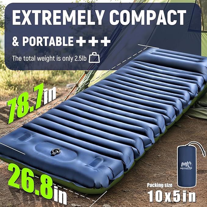 Sleeping Pad for Camping, 5 Inch Extra Thick Camping Sleeping Pad with Pillow Built-in Foot Pump, Lightweight Inflatable Sleeping Mat, Backpacking, Hiking, Tent