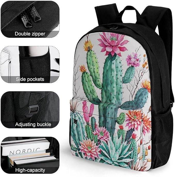 Men Women Polyester Natural Vintage Watercolor Bouquet Boho Style Cactus Succulent Flowers Twigs Daypack Backpack Large Capacity Carry On Bag With Smooth Zippers for Hiking Picnic Walking Cycling