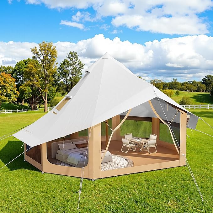 SPECRAFT Canvas Bell Yurt Tents & Inflatable Tent for Camping, Waterproof Glamping Tent with Stove Jack, Breathable Mesh, Snowproofing Spacious 4-Season Family Shelter for Outdoor, Camping, Parties