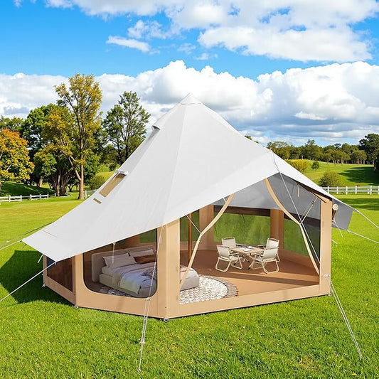 SPECRAFT Canvas Bell Yurt Tents & Inflatable Tent for Camping, Waterproof Glamping Tent with Stove Jack, Breathable Mesh, Snowproofing Spacious 4-Season Family Shelter for Outdoor, Camping, Parties